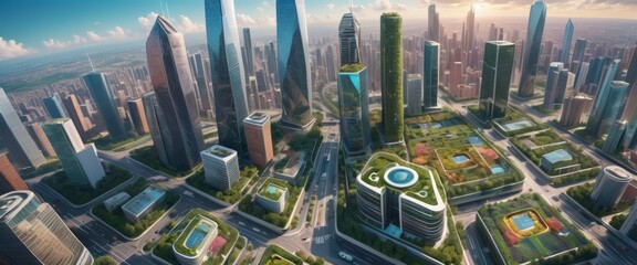 Wide-angle view of a futuristic city with lush green rooftops and modern skyscrapers, emphasizing sustainable urban living.