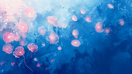 Abstract floral background with poppies in blue and pink colors.