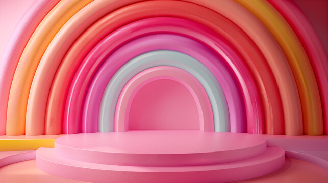 Rainbow Colorful 3D Render on White Background. Rainbow Colorful 3D Render Arches Balance on pink Background. Round stage step podiums with rainbow on pastel blue background. Pedestal for kid product.