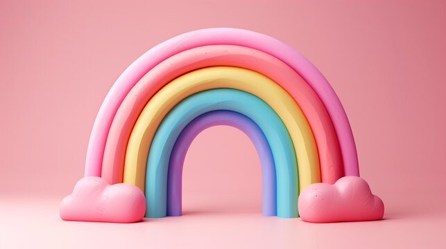 Rainbow Colorful 3D Render on White Background. Rainbow Colorful 3D Render Arches Balance on pink Background. Round stage step podiums with rainbow on pastel blue background. Pedestal for kid product.