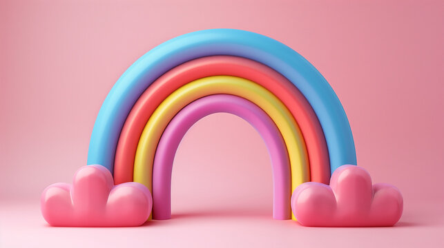 Rainbow Colorful 3D Render on White Background. Rainbow Colorful 3D Render Arches Balance on pink Background. Round stage step podiums with rainbow on pastel blue background. Pedestal for kid product.