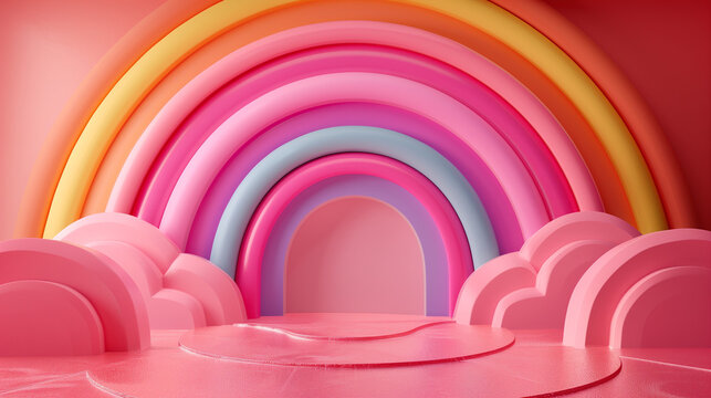 Rainbow Colorful 3D Render on White Background. Rainbow Colorful 3D Render Arches Balance on pink Background. Round stage step podiums with rainbow on pastel blue background. Pedestal for kid product.
