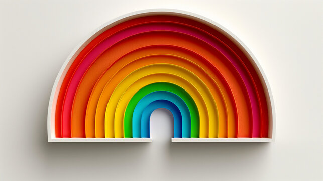 Rainbow Colorful 3D Render on White Background. Rainbow Colorful 3D Render Arches Balance on pink Background. Round stage step podiums with rainbow on pastel blue background. Pedestal for kid product.