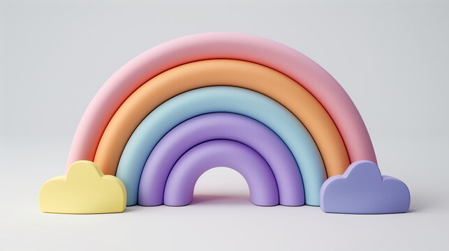 Rainbow Colorful 3D Render on White Background. Rainbow Colorful 3D Render Arches Balance on pink Background. Round stage step podiums with rainbow on pastel blue background. Pedestal for kid product.