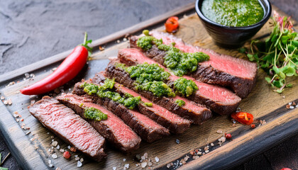 Wall Mural - Tasty grilled wagyu bavette steak with hot chili pepper and chimichurri sauce on wooden board.