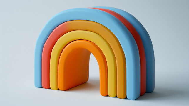 Rainbow Colorful 3D Render on White Background. Rainbow Colorful 3D Render Arches Balance on pink Background. Round stage step podiums with rainbow on pastel blue background. Pedestal for kid product.