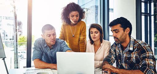 Aufkleber - Coworking, help and meeting with project on laptop with teamwork, planning or chat web design. People, research and review website progress with advice, feedback and creative collaboration in office
