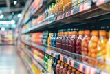 Fototapeta  - Supermarket Aisles with Colorful Products in Soft Focus Background