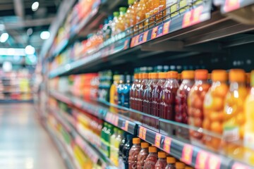 Supermarket Aisles with Colorful Products in Soft Focus Background