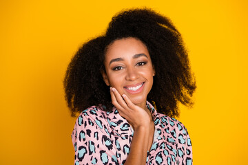 Sticker - Photo portrait of attractive young woman touch soft skin cheek dressed stylish leopard print clothes isolated on yellow color background