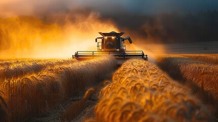 Canvas Print - A farmer driving a combine harvester through a field of oats.