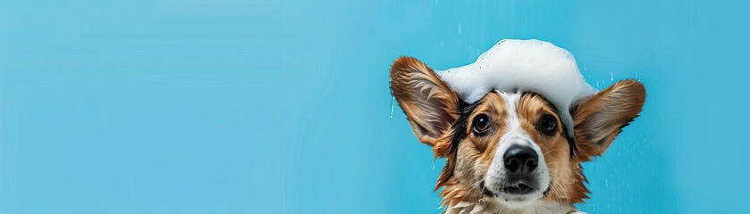 Wall Mural - Playful wet Corgi dog in a bath with soap foam on its head, set against a vibrant blue background with copy space, perfect for an upbeat and happy scene