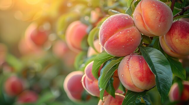 A close-up of ripe peaches hanging from a tree branch.
