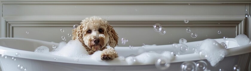 Wall Mural - light goldendoodle in white Cambridge cast iron doubleended clawfoot tub