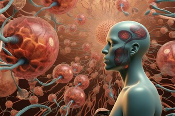 Wall Mural - Cells under human system, illustration of a body. Generative AI