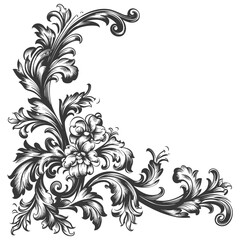 Wall Mural - silhouette baroque ornament for corner with filigree floral element black color only