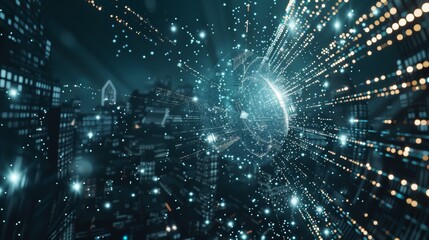 Poster - A swarm of glowing data points forming a vortex in the center of a futuristic metaverse city.