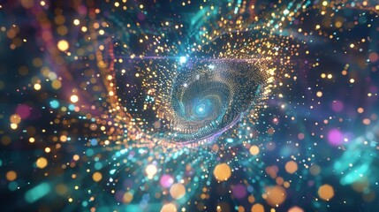 Poster - A swarm of glowing data points forming a vortex in the center of a futuristic metaverse city.