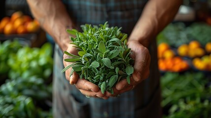 Wall Mural - A farmer's hands holding a bundle of fresh tarragon.