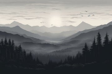 Wall Mural - Landscape monochrome background of sunset in forest mountains. Generative AI