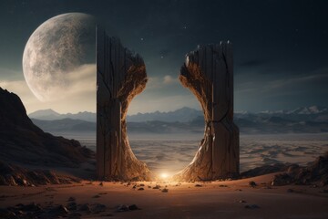 Wall Mural - Magic portal in stone frame on desert landscape at night. Generative AI