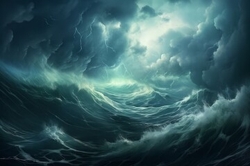 Wall Mural - A painting of a storm on the ocean. Generative AI