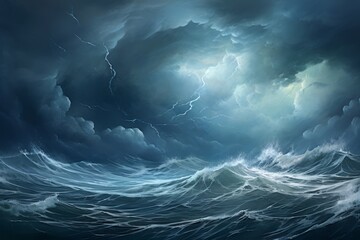 Wall Mural - ocean waves, storm on the sea with blue and gray clouds. generative ai
