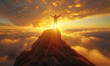 © IBEX.Media - Silhouette of businessman celebrating raising arms on the top of mountain with bright sky and sunlight. concept of leadership successful achievement with goal, growth, up, win and objective target.
