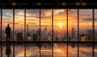 © IBEX.Media - Silhouette of young intelligent man managing director standing near big office window with city background
