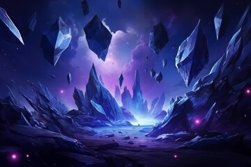Wall Mural - space background, neon night alien fantasy landscape with flying rocks, crystals, falling meteor in 