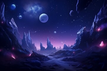 Wall Mural - space background, neon night alien fantasy landscape with flying rocks, crystals, falling meteor in 