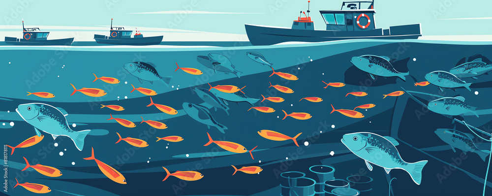 Deepsea fish farming flat design top view theme of aquaculture ...