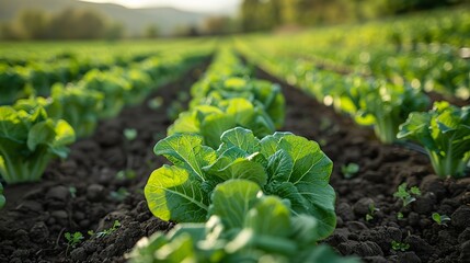 Poster - A field of vibrant green endive growing in neat rows.