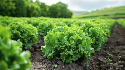 Poster - A field of vibrant green escarole growing in neat rows.