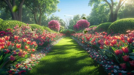 Beautiful sunlight garden with spring flower in full bloom, springtime, motion video background