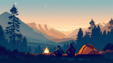 A Cartoon Illustration Of A Camping Tent Near A Forest Lake At Sunset Outdoor Exploration Travel Summer  Autumn
