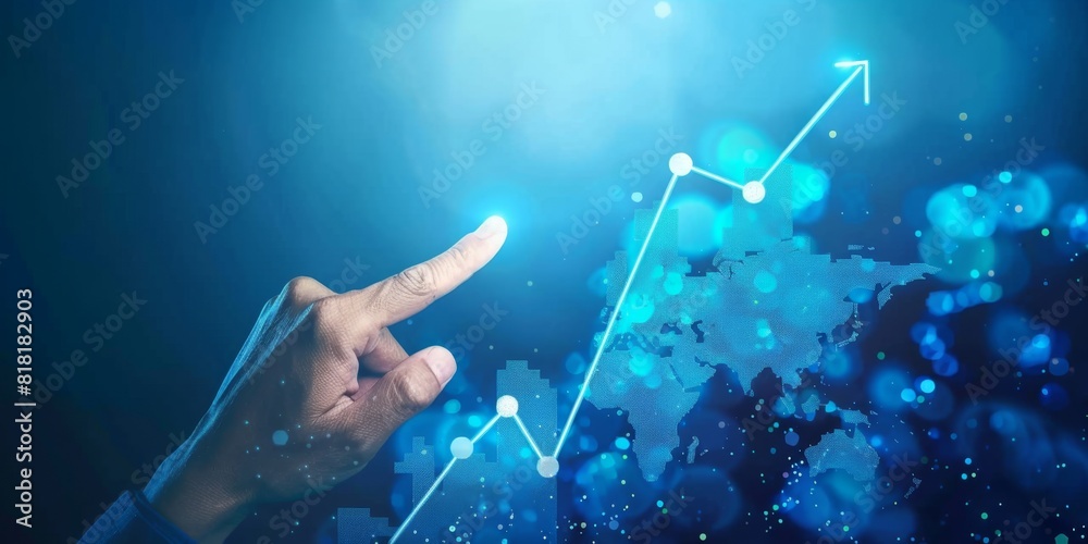 market increase graph hand 2d animation. finger... Hand touching rising graph arrow growing up on blue background ...