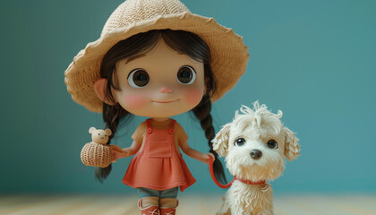 Wall Mural - A girl with a white dog and a brown hat by AI generated image