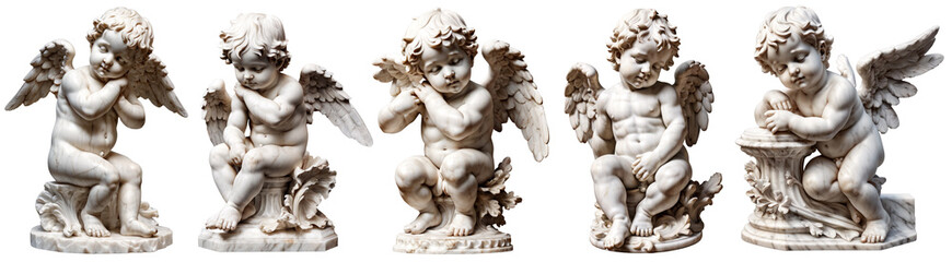 A set of marble statues of cherubs highlighted on a transparent background. White plaster figure of an angel.