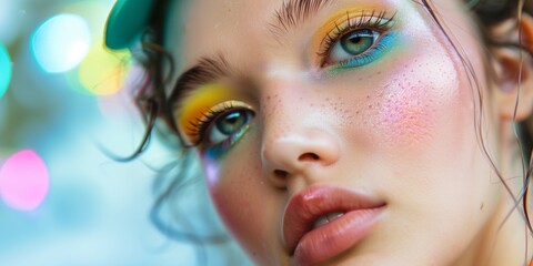 Wall Mural - A close-up of a model's colorful eye makeup contrasted with softly blurred bokeh lights in the background