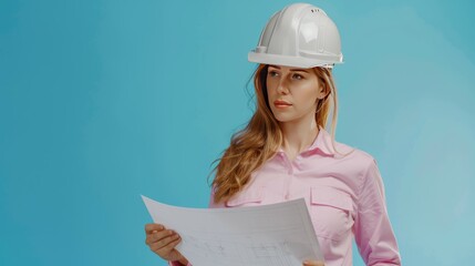 Poster - an attractive European female inspection engineer meticulously examining blueprints, her hard hat casting a shadow over her focused expression.