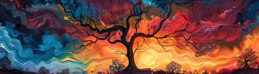 Wall Mural - A painting of a tree with a sunset in the background