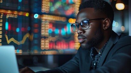 Wall Mural - A businessman wearing glasses, deeply engaged in analyzing business diagrams and finance market graphs on a laptop in a sophisticated office