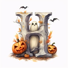 Wall Mural - Halloween letter H with pumpkins and bats. Vector illustration.