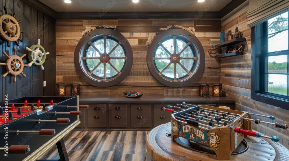 Nautical-themed game room featuring two foosball tables, rustic decor ...