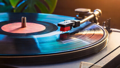 Closeup on vinyl record on record player with tonearm