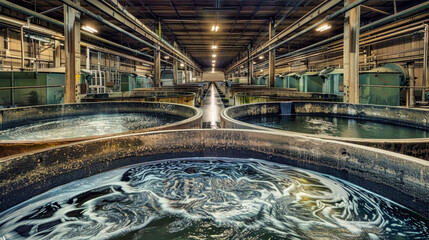 Wall Mural - A factory surrounded by flooded water, highlighting the intersection of industrial processes and ecological impact