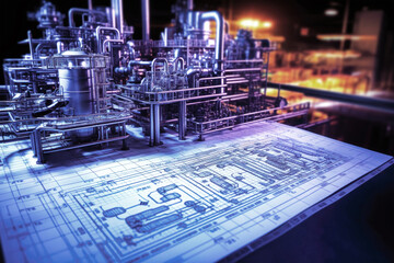 Wall Mural - A detailed blueprint of a labyrinthine metropolis of pipes and machinery forming a metallurgical plant in the steel industry