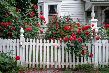 Wall Mural - A white picket fence and gateway with red roses in front of a house