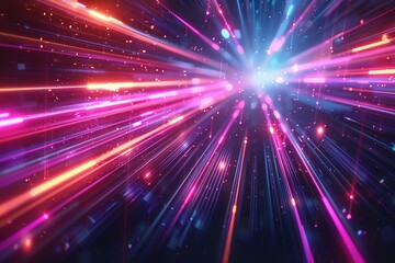 Wall Mural - An abstract background speed motion of particles of colorful, glowing light with a purple and blue hue